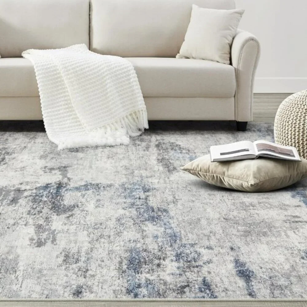 New 6x9 Grey Blue Abstract Rug, Soft Washable Low Pile Carpet for Living Room